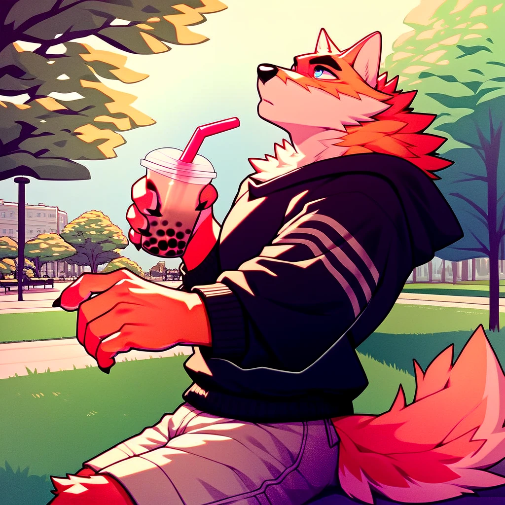 score_9_up, score_8_up, score_7_up, source_furry, joantake, black sweater, gray shorts, park, holding, bubble tea, side view, blue eyes, wolf,