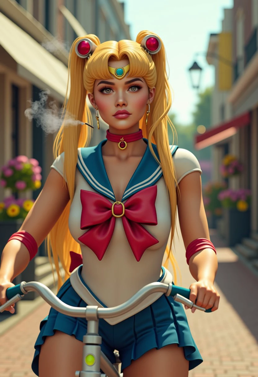 vpzdxizz, a 3d image of Sailor Moon smoking marijuana cigarettes on a bike in the Netherlands in the middle of a hot summer day