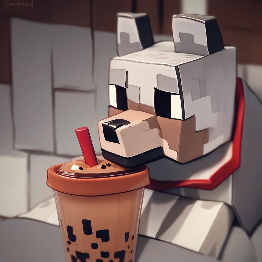 score_9_up, score_8_up, score_7_up, source_furry, wolf, minecraft wolf, pixel style, gray fur, black eyes, square dog, bubble tea