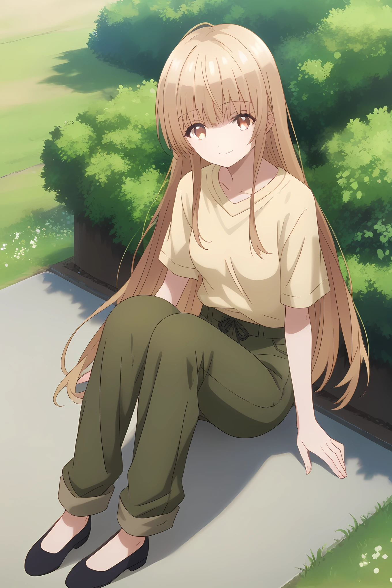 yellow shirt green pants, an-mahiru, medium breasts, 1girl, solo, skinny, masterpiece, high quality, (full body|sitting|standing|lying), outdoors, light smile, score_9, score_8_up, score_7_up, source_anime, anime, anime style, long hair <lora:an-mahiru-pony-V01-000004:0.90>