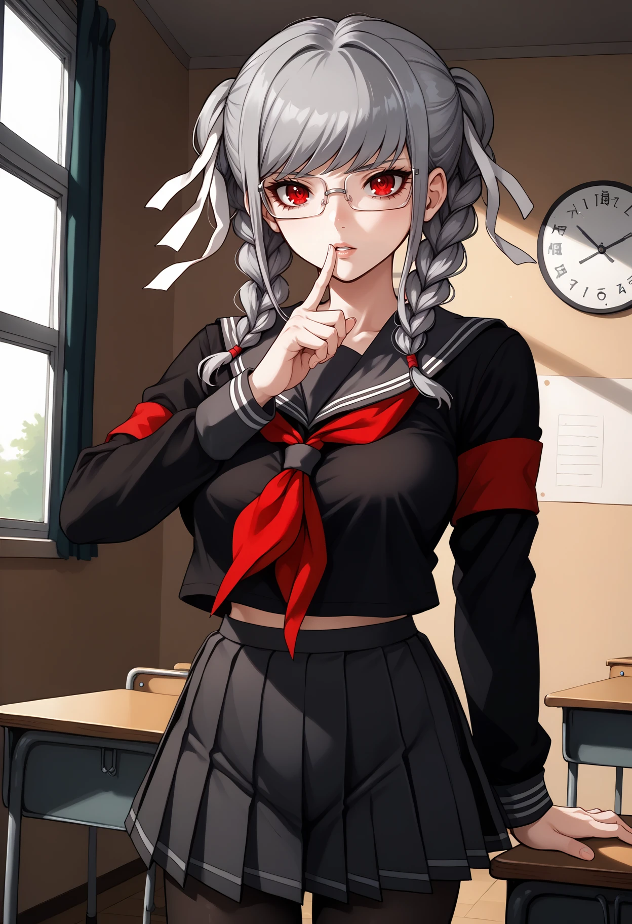 score_9, score_7_up, source_anime, 1girl, cowboy shot, finger to own chin, parted lips, <lora:PekoDR-pdxl:1> defPeko, grey hair, twin braids, red eyes, glasses, hair ribbon, white ribbon, school uniform, large breasts, black serafuku, red neckerchief, long sleeves, red armband, pleated skirt, black pantyhose, classroom, window