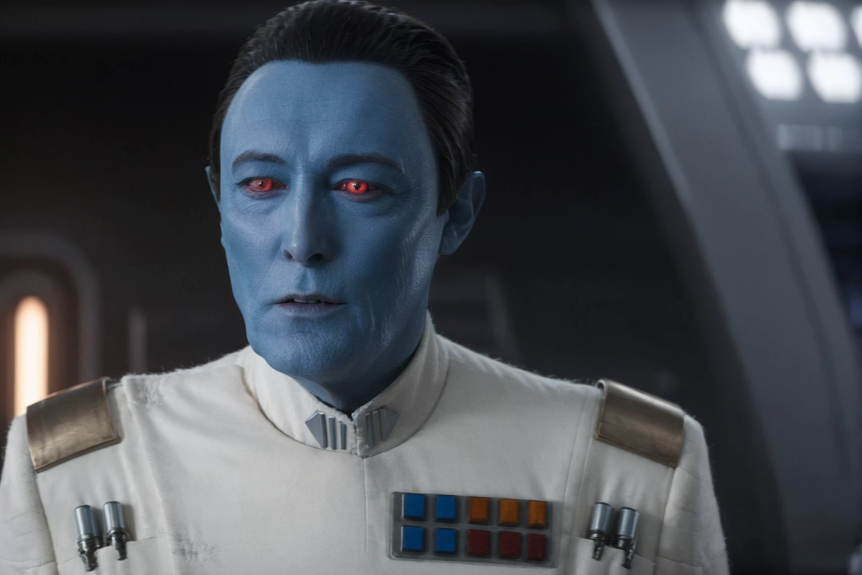 (extreme facial close-up shot1.5) of <lora:GrandAdmiralThrawn:0.6> GrandAdmiralThrawn with blue skin and red eyes, shouting, screaming, his hand is stroking his chin, background of starship cockpit with glowing neon paintings, strong rim lighting, indoors, tile floor, film, detailed background, different people, space opera, realistic, sci fi style, cinematic light, dramatic lighting, perfect color, perfect scene, <lora:star wars style v2:0.2> star wars style, shallow depth of field, vignette, highly detailed, high budget, bokeh, cinemascope, moody, epic, gorgeous, masterpiece,  <lora:Grand_Admiral_Thrawn_XL:0.4> thrawn