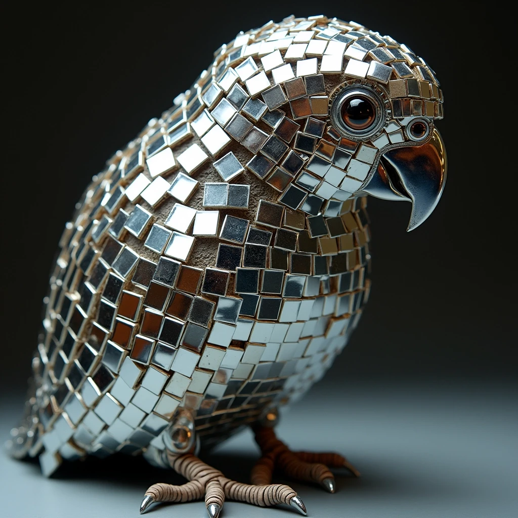 A parrot made entirely of mirrors squares, similar to a disco ball, reflecting its surroundings