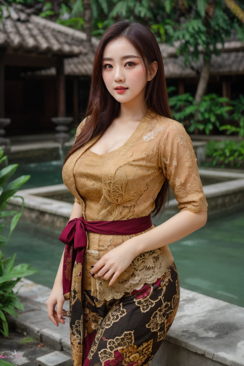 ((best quality)), absurdres, ((ultra high res)), a woman with hourglass figure, perfect face, beautiful face, sultry face, kebaya, elegant, graceful, carming, outdoors, curvy, looking at viewer, high detailed, <lora:kebaya:0.6>