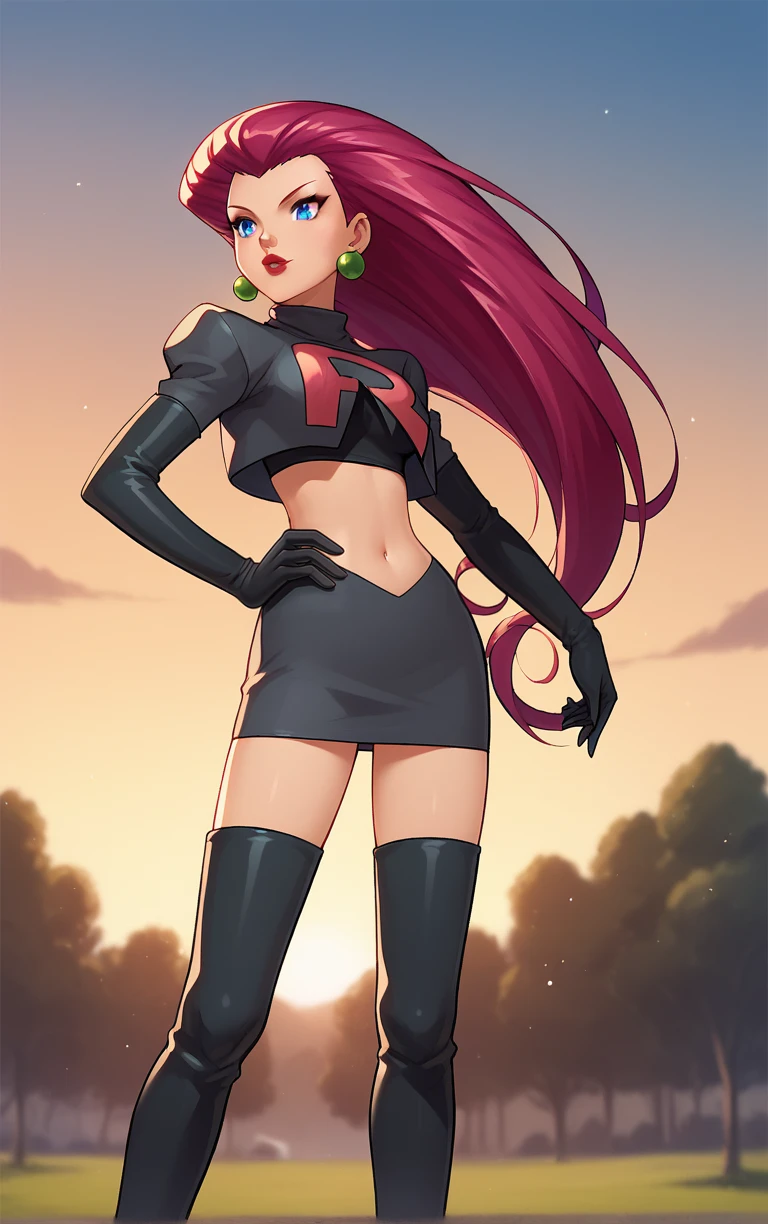 score_9, score_8_up, score_7_up, 
BlackCostume_Jessie_ownwaifu, 
1girl, earrings, hair slicked back, jewelry, big hair, blue eyes, lipstick, long hair, makeup, red lips, eyelashes, red hair, 
team rocket uniform, crop top,  black gloves, elbow gloves, navel, skirt, midriff, thigh boots, miniskirt, cropped jacket, gloves, jacket, zettai ryouiki, black thighhighs,
(contrapposto, hand on hip), sunset, sidelighting, outdoors, <lora:PONYXL_POKEMON_Jessie_ownwaifu:1> , depth of field 
,