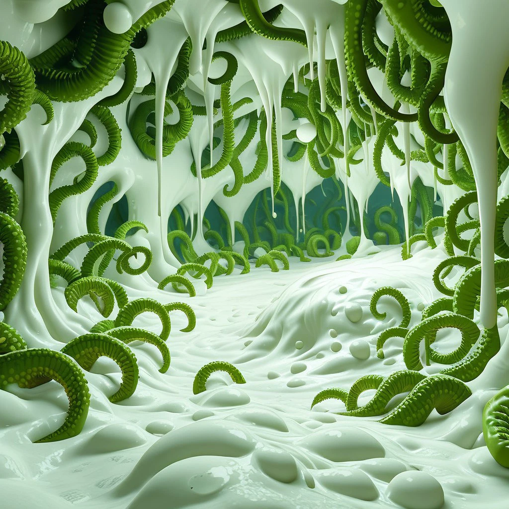 "A picture of a place filled with tropical intense green fat plump tentacles with pallus-like ends like alien plants which meanders through a big hill of thick white slime. The tropical intense green fat plump tentacles with pallus-like ends are thick and crowl into every edge of the image and burst out thick white slime. There is nothing but tropical intense green fat plump tentacles with pallus-like ends and white thick slime. tropical intense green fat plump tentacles are coming from the ceiling, too. The thick white slime is wild with waves and thick bubbles. Big white slime waves like a tsunami. Big white slime bubbles are floating in the air. The tropical intense green fat plump tentacles are extreme thick and huge. The white slime looks like a white bubblebath. Some tentacle spit white slime out like a hose. Thick white slime makes big bulges and hills on the floor. Streams of thick creamy white slime are falling from the ceiling. Big splatters of thick white slime. White slime bulges upwards.", 3D, blender style, masterpiece