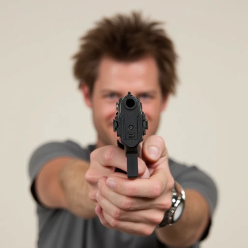 1boy, solo, pointing gun at viewer, gun, simple background, brown hair, grin