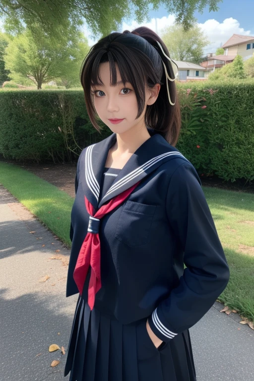 Dark blue sailor uniform, One Woman, (Beautiful woman, delicate :1.3), Black Hair, Short bob cut, bangs, (8k), (highest quality: 1.2), (Realistic), (Realistic: 1.37), (masterpiece), (Ultra-high resolution), (RAW Photos), (Absolute Resolution), (face is small compared to body: 1.4), (Small face:1.4), A balanced face, (Small Mouth: 1.4), (Slim female body: 1.4), (long sleeve Sailor uniform:1.3), Realistic high school girl, (White headband:1.4), Small breasts, Bright Blue Eyes, (Cafe on the open terrace), smile, Blurred, (Black Stockings:1.3), (Black garter belt:1.3), (Three white lines on the collar of a sailor uniform:1.3), rest one's chin in one's hands, Dark blue cuffs with three white lines, Long dark blue pleated skirt,