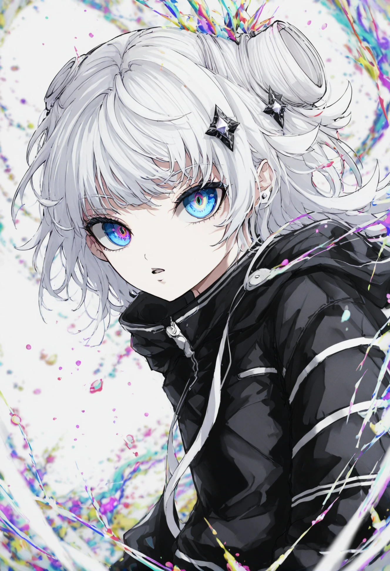 masterpiece, best quality,1girl, solo, hood, white hair, diamond hair ornament, hooded jacket, long sleeves, jacket, black jacket, looking at viewer, multicolored eyes, blue eyes, parted lips, hood down, hair ornament, abstract background, open mouth 
<lora:OsuXLlokr4f-000185:0.95>