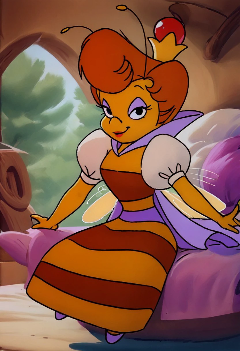 Score 9, Score_8_up, Score_7_up, source furry, (full body in frame:2.0), crown, cartoon, Queenie, honeybee girl, solo, (tree house:1.4), indoors, puffy sleeves, dress, yellow skin, antennae, smile, honeybee, 3/4 side view, looking at viewer, sexy pose, seductive eyes, sitting on bed, insect wings, spread legs