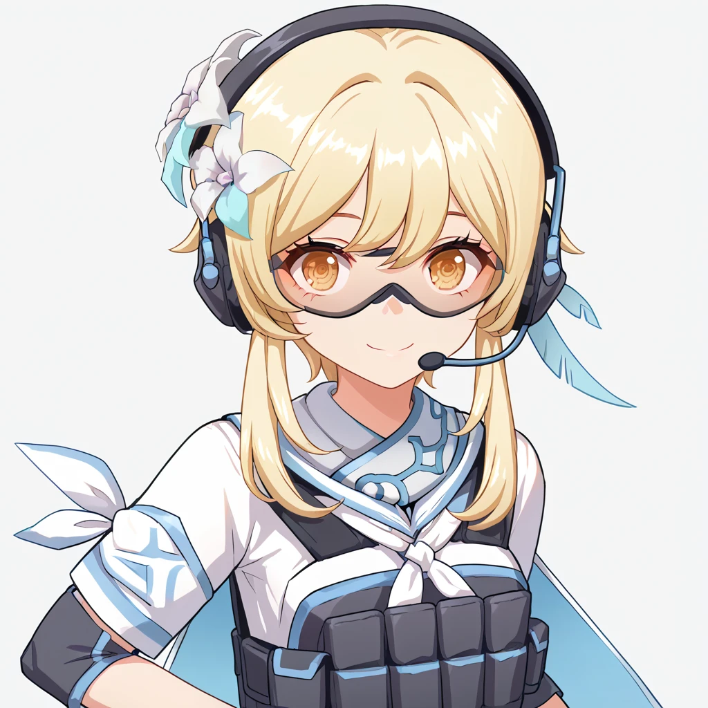 score_9, score_8_up, score_7_up, anime source, simple background, looking at viewer, smile,
1girl, lumine_tactical, tactical clothes, goggles, headphones, 
<lora:lumine_tactical_pony_v1:0.7>