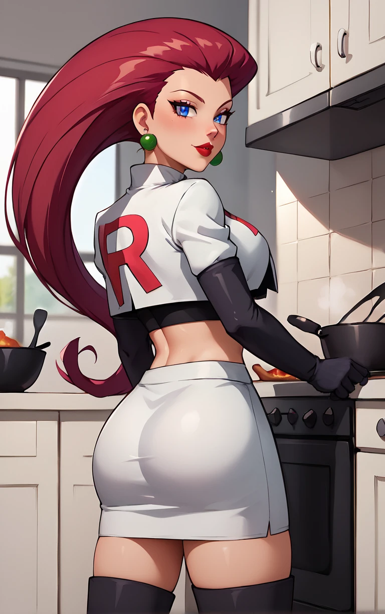 score_9, score_8_up, score_7_up, masterpiece, best quality, absurdres, BREAK 
WhiteCostume_Jessie_ownwaifu, 
1girl, hair slicked back, red hair, shiny hair, very long hair, earrings, long hair, big hair, lipstick, makeup, blue eyes, red lips, eyelashes, large breasts,  
black gloves, team rocket uniform, elbow gloves, crop top, midriff, white skirt, navel, thigh boots, miniskirt, white jacket, cropped jacket, zettai ryouiki, black thighhighs, turtleneck, white shirt, short sleeves,
(looking back, cowboy shot), from behind, cooking, frying pan, kitchen, indoors, <lora:PONYXL_POKEMON_Jessie_ownwaifu:0.8> , depth of field 
,