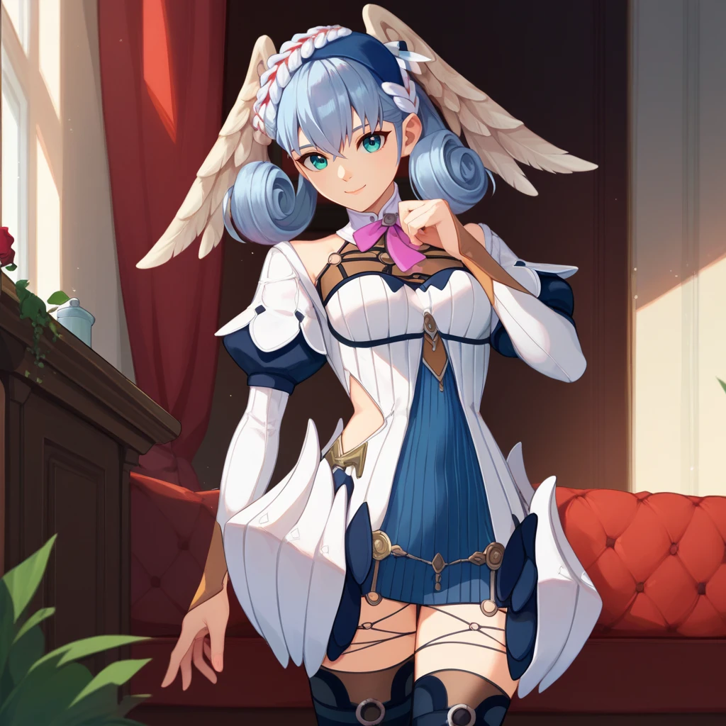 score_9, score_8_up, score_7_up, score_6_up, BREAK <lora:MeliaFConLora1.0:1>meliafc, head wings, crown braid, puffy sleeves, juliet sleeves, long sleeves, o-ring, short dress, thighhighs, dress,medium breasts,
,smile,closed mouth,looking at viewer
,indoors