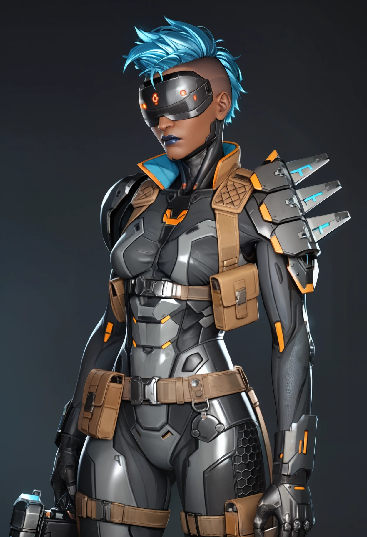 score_9,score_8_up,score_7_up,score_6_up,dark background,outt3ch,black bodysuit,science fiction,blue hair,mohawk,belt pouch,armor,dark-skinned female,no eyes,hidden eyes,shoulder spikes,visor,blue lips,black gloves,cyborg,mechanical legs,medium breasts,boots,       <lora:MyTrainings\Temp\Mad_Maggie_Outlawed_Tech_XL_Pony_ARZUMATA-000009.safetensors:0.7>