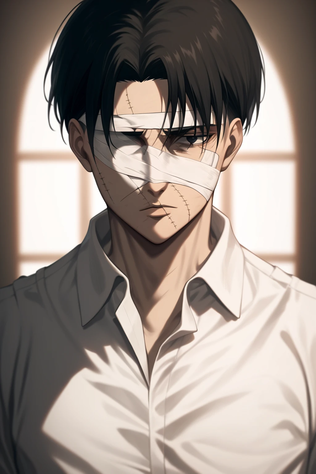 score_9, score_8_up, score_7_up, source_anime, highly detailed, novel illustration, wallpaper, beautiful details,levi ackerman, 1boy, black hair, black eyes, curtained hair, solo, looking at viewer, bandaged head, scar, bandaged over one eye, white shirt, collared shirt, portait, indoors,