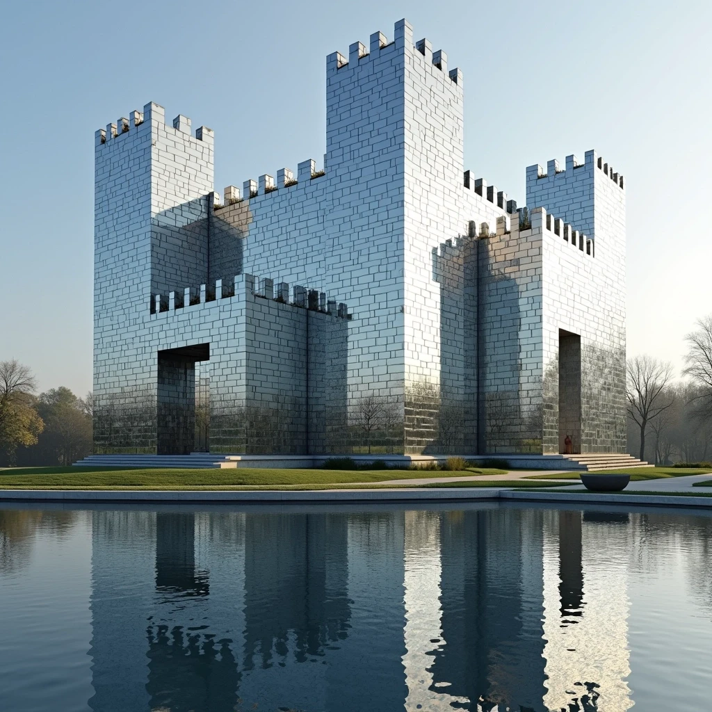 A castle made entirely of mirrors squares, similar to a disco ball, reflecting its surroundings