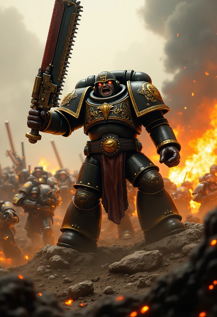 A noble Space Marine stands tall amidst the chaos of battle, his imposing figure towering over the ranks of Imperial Guardsmen as he urges them forward with unshakable authority. The battlefield is a cacophony of gunfire, explosions, and the cries of the wounded, the air thick with smoke and the scent of burning promethium. The ground beneath them is torn and scorched, littered with debris and the bodies of fallen comrades.

The Space Marine, clad in gleaming power armor adorned with the heraldry of his Chapter, raises his chainsword high above his head. The weapon roars to life, its vicious teeth spinning with a ferocious growl, reflecting the fiery light of the battle raging around them. His helmet’s visor glows with a cold, determined light as he shouts commands, his voice booming over the din, instilling courage and resolve in the hearts of the beleaguered Guardsmen.

The photorealistic detail captures the dynamic energy of the scene—the tension in the Space Marine's powerful stance, the intricate designs etched into his armor, and the sparks flying from the chainsword as it slices through the air. The Guardsmen, inspired by his presence, rally around him, their faces filled with determination as they surge forward into the fray. The Space Marine’s commanding figure, bathed in the flickering light of explosions, embodies the indomitable spirit of the Emperor’s finest as he leads his troops into the heart of battle