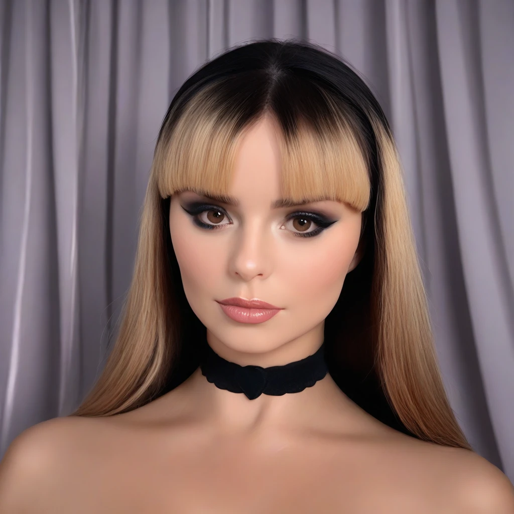 1girl, d3m1r0s3, solo, score_5_up, photorealistic, photo, realistic, looking at viewer, skin detail, curtains, long hair, black hair, blonde hair, fringe bangs, makeup, dark brown eyes, goth gf, choker, alluring, cropped head, close up, lowered eyelids, jewelry, portrait <lora:D3m1R0s3_RealPony:0.9>