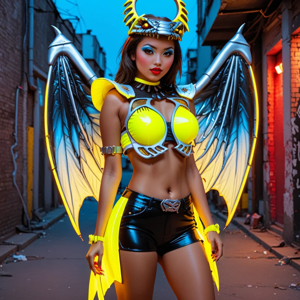 cute Vypra evil sexy winged female lady wearing glowing-neon-colour-clothing yellow urban style clothes , urban neon clothes, hip hop style, pouting mouth, red lips, <lora:VYPRASDXL10:0.85>,<lora:lukethighwalkerneonv9sdxl:0.55>