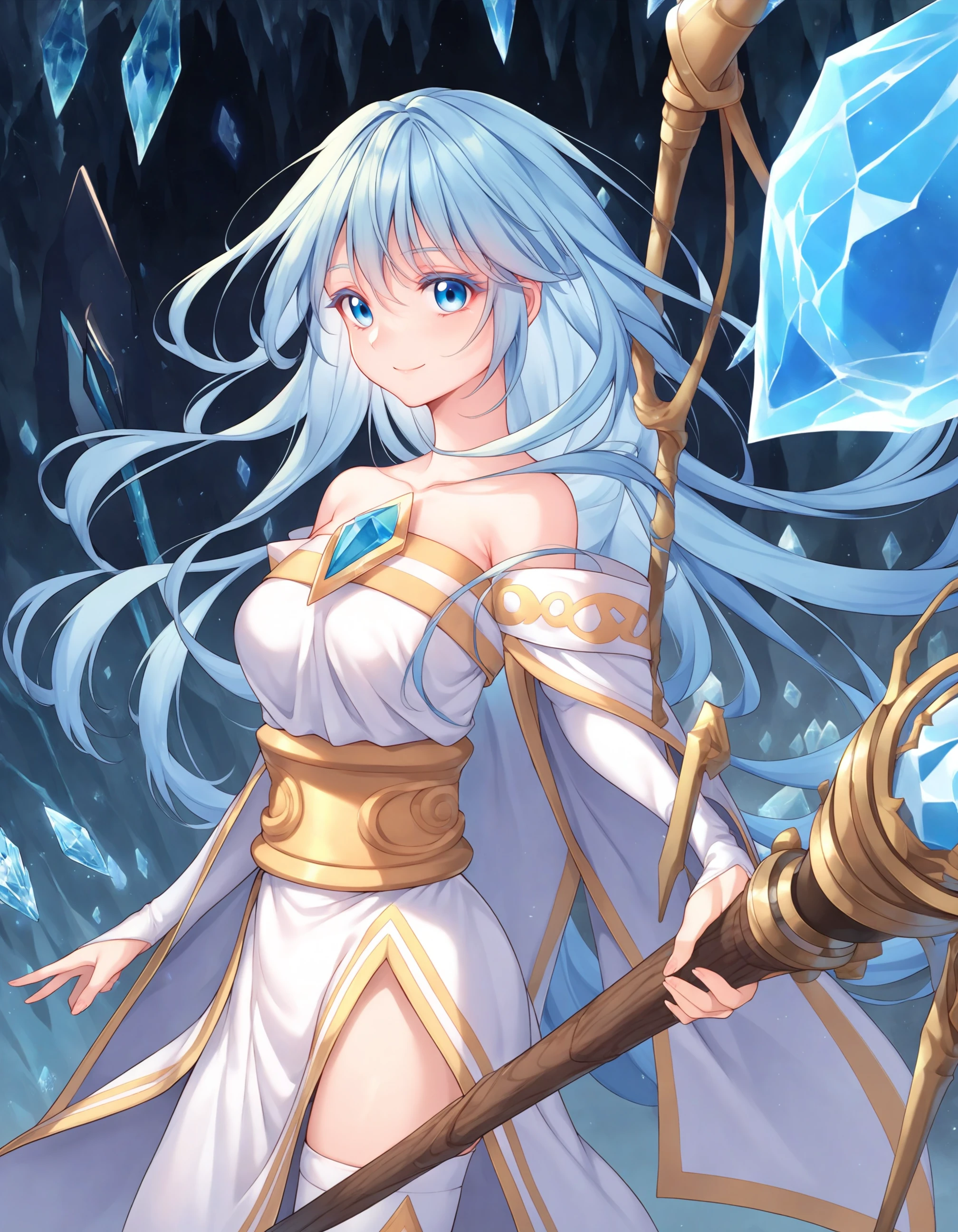 score_9, score_8_up, score_7_up, source_anime
BREAK
elfaria_olis, 1girl, solo, light blue hair, long hair, colored eyelashes, blue eyes, chest jewel, off-shoulder dress, yellow sash, side cape, bridal gauntlets, pelvic curtain, cowboy shot, looking at viewer, smile, closed mouth, cryokinesis, casting spell, mage staff, holding staff, from side
BREAK
wind, wind lift, ice, ice crystal, ice shard, ice flower, aura, magic, cave, dark
<lora:elfaria_Wistoria_ponyxl_v1_char:1>