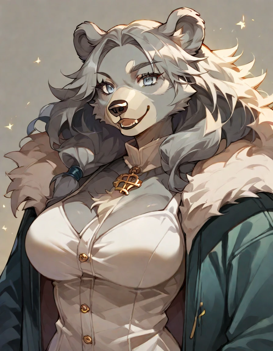 score_9, score_8_up, score_7_up, source_anime, (bear girl), furry body, light grey fur, [muscular:0.7], large breasts, slight smile, happy, (dressed as a Death Metal Bard), character portrait, upper body, rating_safe, <lora:Anime_Furry_Style:1>