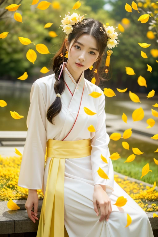 1girl,hanfu,chinese garden,ultra-detailed,extremely delicate and beautiful,(by exquisite colors block),masterpiece,best quality,unreal engine 5 rendering,movie light,movie lens,movie special effects,detailed details,HDR,UHD,(8K:0.9),CG wallpaper,<lora:luohua_002b:0.7>,hxluohua,falling_petals,yellow petals,