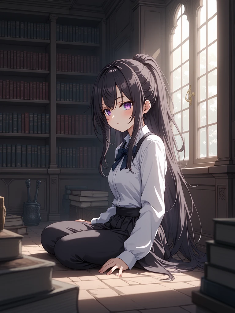 YukiSuou sitting peacefully in an ancient library, her long black hair in a ponytail and her purple eyes reflecting deep knowledge. The scene is rich in detail, featuring rows of ancient books, soft lighting from a nearby window, and a thoughtful expression on her face. Digital painting focuses on texture, mood lighting, and a serene atmosphere.