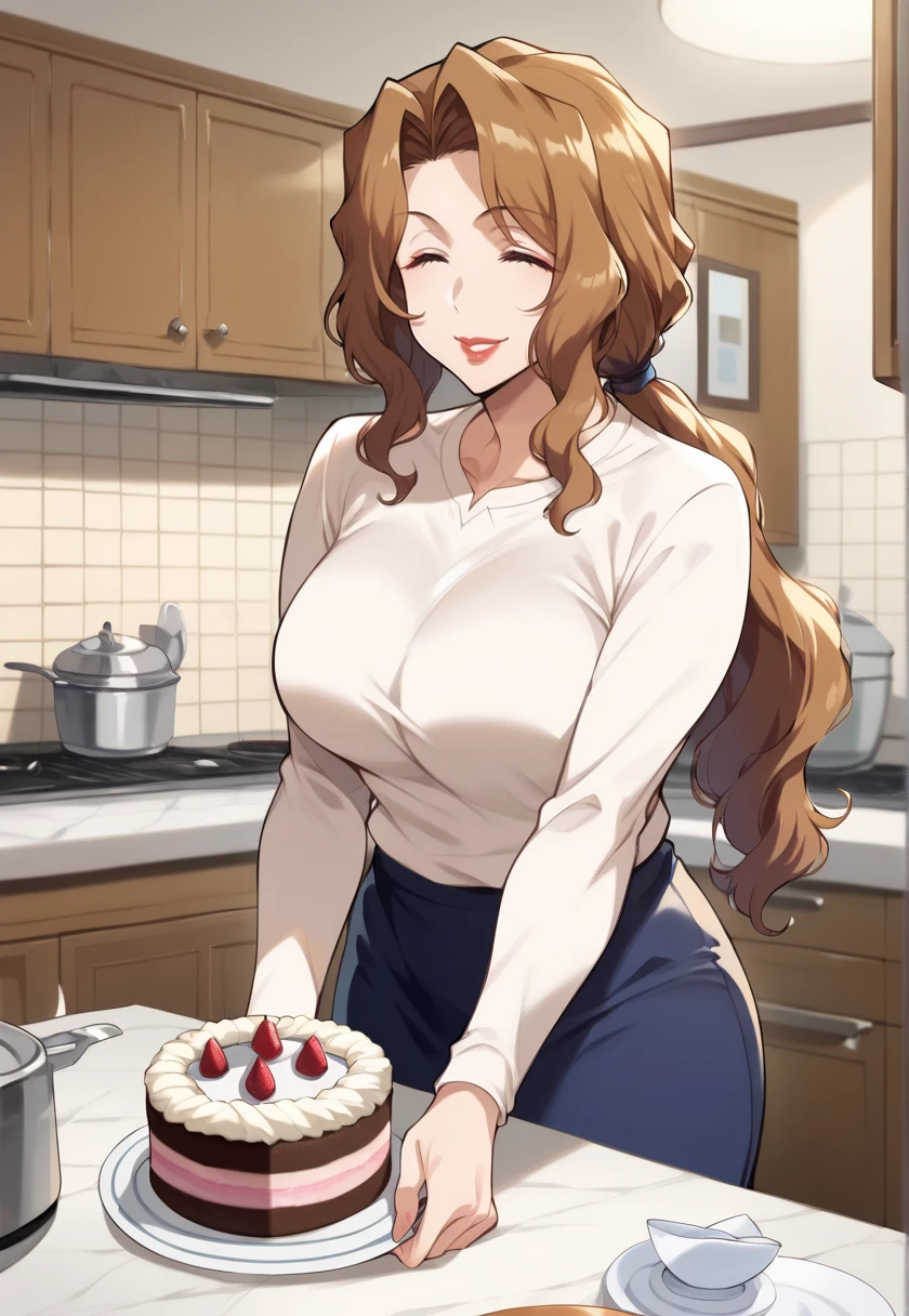 (looking away, smile, closed eyes, ^ ^, solo),  (kitchen, holding, cake, table), <lora:masakakurosakiNSLT:1> masakakurosaki, long hair, ponytail, low ponytail,  wavy hair, brown hair, brown eyes, makeup, lipstick, large breasts, white cardigan, long sleeves, blue skirt, 16k, masterpiece, absurdes, highly detailed, highres, high quality, best quality, score_9, score_8_up, score_7_up, score_6_up