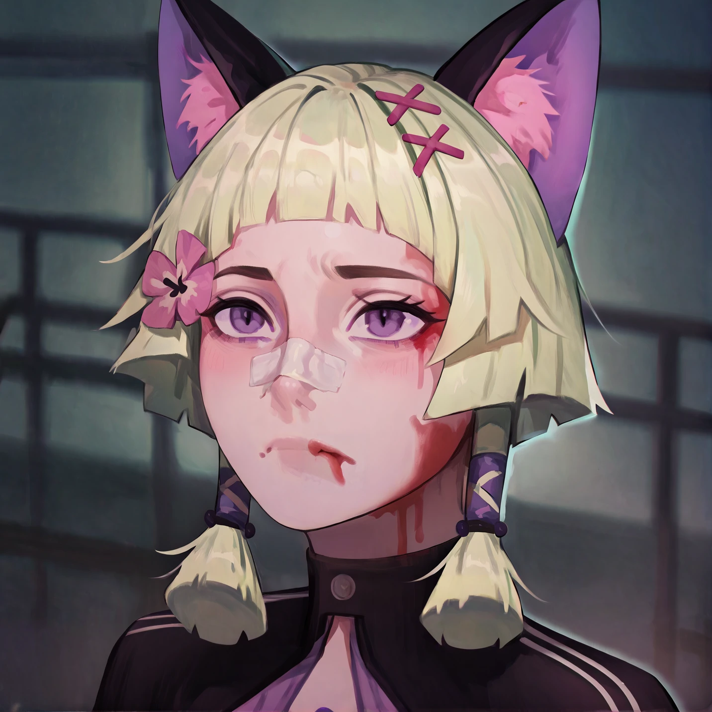 score_9_up,score_8_up,score_7_up,score_6_up,illustration,solo,1girl,skinny,animal ears,facial markings,cat ears,short hair,purple eyes,detailed eyes,green hair,flower,hair ornament,jewelry,Night,dark,purple lighting,closed mouth,portrait,bandaid on nose,bandaid on face,blurry background,blood on face,Blad3Runner,<lora:more_details:1.5>,<lora:StS_PonyXL_Detail_Slider_v1.4_iteration_3:5>,zPDXL2,<lora:DisBenny_epoch_7:1>,<lora:Blade_Runner_Meme:1>,