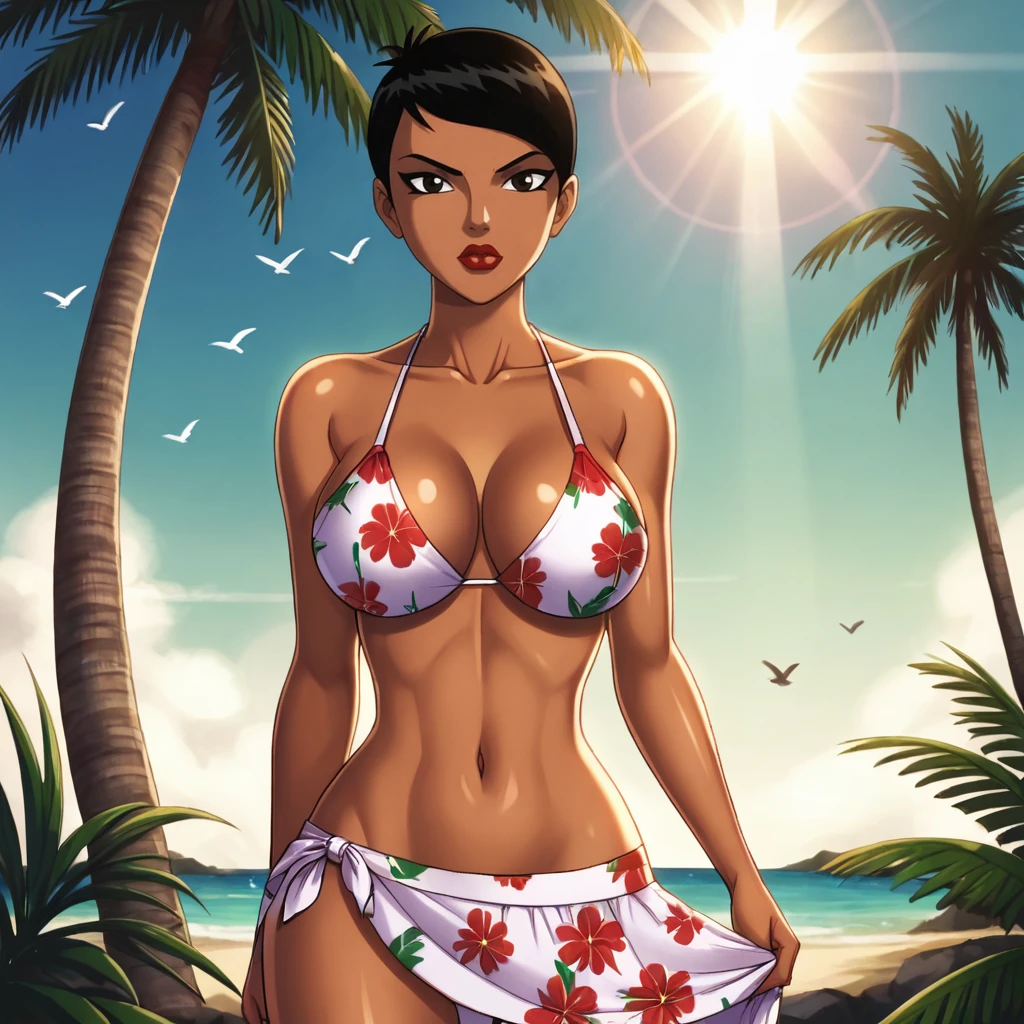 <lora:mariahillemh_pony_v1:.7> mariahillEMH, 1girl, solo, lipstick,, black hair, makeup, red lips, black eyes, short hair, large breasts, dark skin, cowboy shot,, wearing a bikini, wearing a floral pattern skirt, at a tropical beach, (sunlight), palm trees, flying birds, radiant light, ray tracing, optical flare, sunglare, perfect face, perfect eyes, sharp focus, big breasts