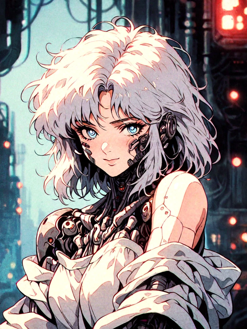 score_9, score_8_up, score_7_up, score_6_up, score_5_up, score_4_up,
BREAK
vintage, 1990s \(style\), retro anime style,
a pretty girl over a future cityscape, white hair, medium hair, depth of field, oversized shirt, off one shoulder, (shiny skin:1.1), cold lighting, detailed face, clear eyes, depth of field, messy hair, (intricate), shy, (shy smile:1.3), sky blue eyes, detailed eyes, detailed background, neon trim, neon lights,
female focus, source_anime, solo, science fiction, mechanical parts, mechanical body, mechanical arms, cyborg, cyberpunk, looking at viewer, upper body, glowing, outlines <lora:RetroAnimeRedux_epoch_10:.9> <lora:OldAnimeStyle_XL_v3:.5>