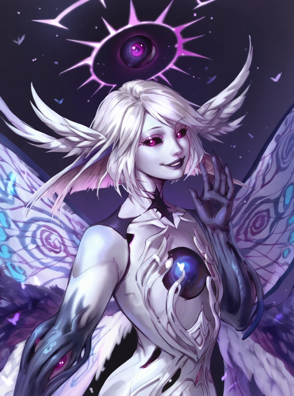 <lora:athena:1><lora:aleriia-v2:1>
athena, solo, white hair, short hair, flat chest, chest cavity, colored skin, halo, monster girl, head wings, wings, multiple wings, butterfly wings, black sclera, pink eyes, purple wings, closeup, upper body, smiling, head tilt
waving, one hand up, looking at viewer, parted lips