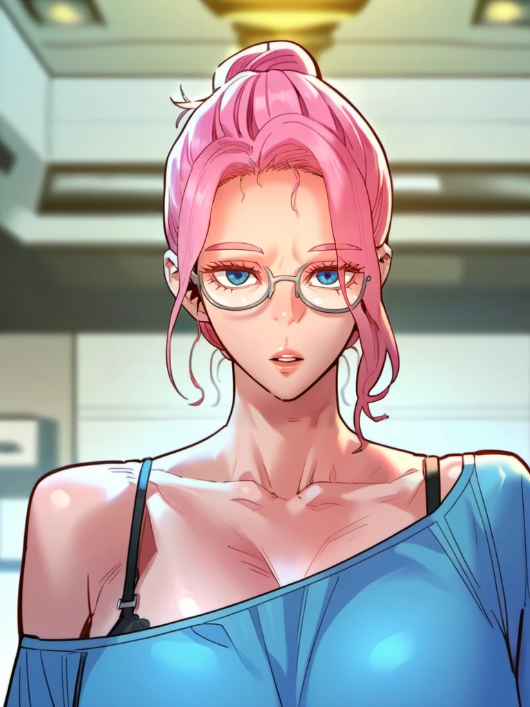 score_9, score_8_up, score_7_up, score_6_up, source_anime, <lora:neg4all_bdsqlsz_V3.5:2.0> Doyeon, 1girl, blue eyes, pink hair, glasses, looking at viewer, blue shirt, parted lips, off shoulder, bra strap, collarbone, upper body, hair bun, mature female, art room, easels, 
<lora:LHOChaDoyeon:1>