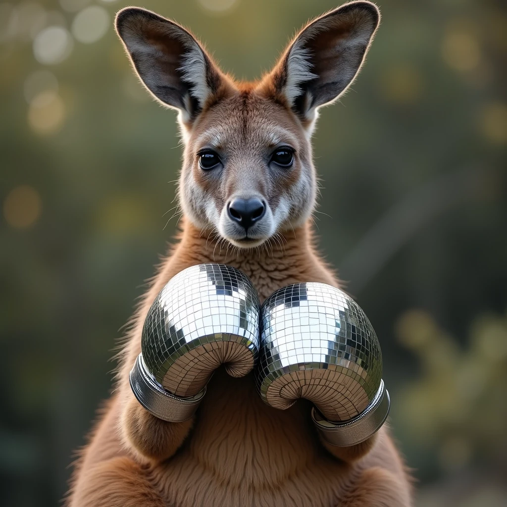 A a kangaroo wearing boxer gloves made entirely of mirrors squares, similar to a disco ball, reflecting its surroundings