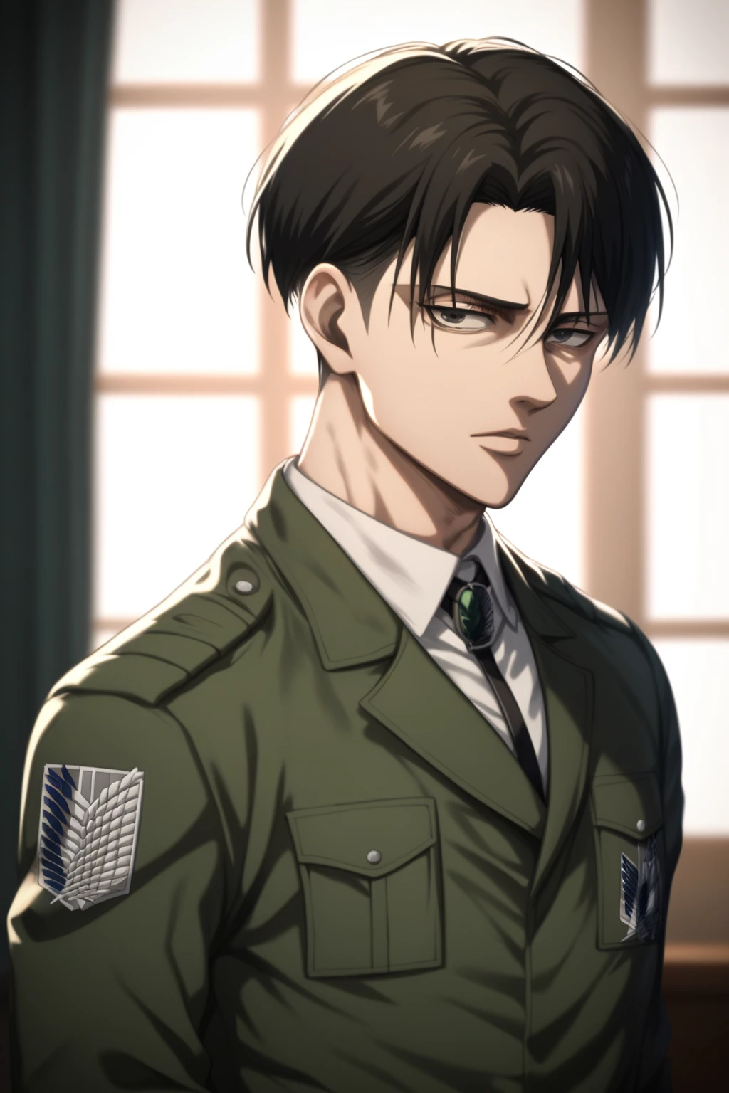 score_9, score_8_up, score_7_up, source_anime, highly detailed, novel illustration, wallpaper, beautiful details,levi ackerman, 1boy, black hair, black eyes, curtained hair, solo, looking at viewer, paradis military uniform, Green jacket, portait, indoors,,