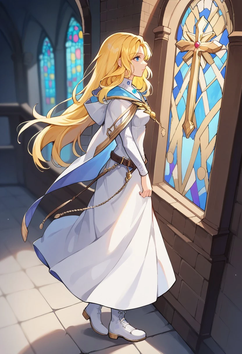 1girl, solo, alone, score_9, score_8_up, score_7_up, masterpiece, high quality, source_anime, very detailed, depth of field, cinematic illumination, volumetric lighting, full color picture, vibrant colors, solo, alone,

NatFEH, blonde hair, long hair, blue eyes, blue gemstone, gold brooch, two-sided fabric, hooded cloak, white hood, white cloak, blue cloak, belt, long sleeves, white dress, long dress, white footwear, white boots, hood down, 

standing, from side, full body, profile, church, light from above, walkway,