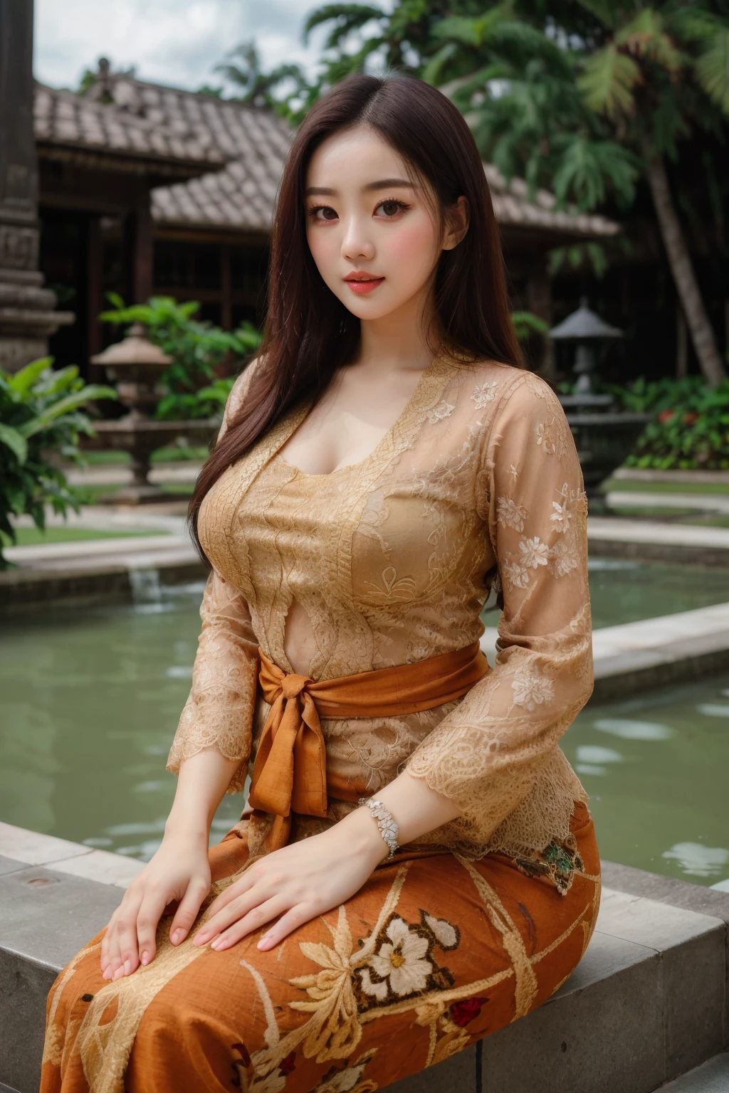 ((best quality)), absurdres, ((ultra high res)), a woman with hourglass figure, perfect face, beautiful face, sultry face, kebaya, elegant, graceful, carming, SITTING, outdoors, curvy, looking at viewer, high detailed, <lora:kebaya:0.6>