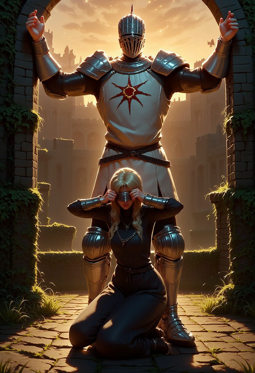 d4arks0uls, male knight Solaire is standing over The Firekeeper with his arms outsretched, she in kneeling on the ground covering her ears and looking comicly frustrated, Solaire wears full armor and a helmet, The Firekeeper has a long dark dress and a silver blindfold, the background is a old mossy castle wall looking up at a sunset filtering through a cloudy