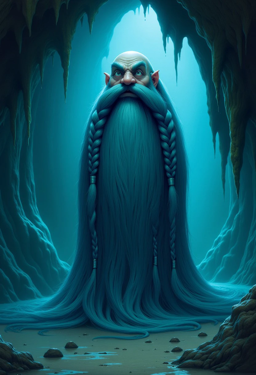 ultra detailed, masterpiece, Harry_Dwarf, dwarf-like, flowing long Cyan beard, braided moustache,bald, bangles, back lighting, beautiful lighting, in a crystal cave, famous artwork (by abbott handerson thayer:1.2), detailed expressive eyes, fantasy style, the legendary mythical and thurgicided ghastly pondberry, a majestic creature with wide fins on a flat and wide body, can be found on the oceanic burglybonked world gigglesphere iii with its youbled uddershlurps and teeming reefs. (covered in disgustingly beautiful bioluminescent glowing:1.4) xygger, these enigmatic juxtaflurged creatures (emit pulsing aquamarine light:1.2) to hypnotize nearby marine life