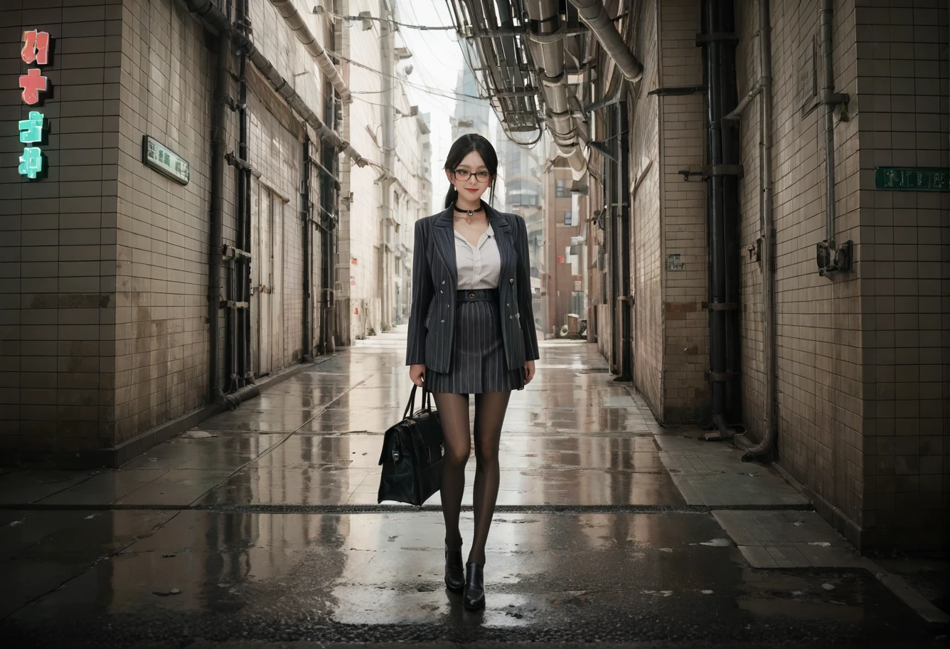 ,ruanyi0888,industrial pipe,alley,,ruanyi0856,striped jacket,choker,black pantyhose,striped skirt,glasses,black skirt,pinstripe pattern,
cowboy shot,<lora:0888 aisle_v1_pony:0.8>,<lora:0856 OL professional suit skirt 1_v1_pony:0.7>, score_9, score_8_up, score_7_up, score_6_up, score_9, score_8_up, score_7_up, score_6_up source_anime, blush, 1girl, seduce smile, perfect body , natural huge breasts