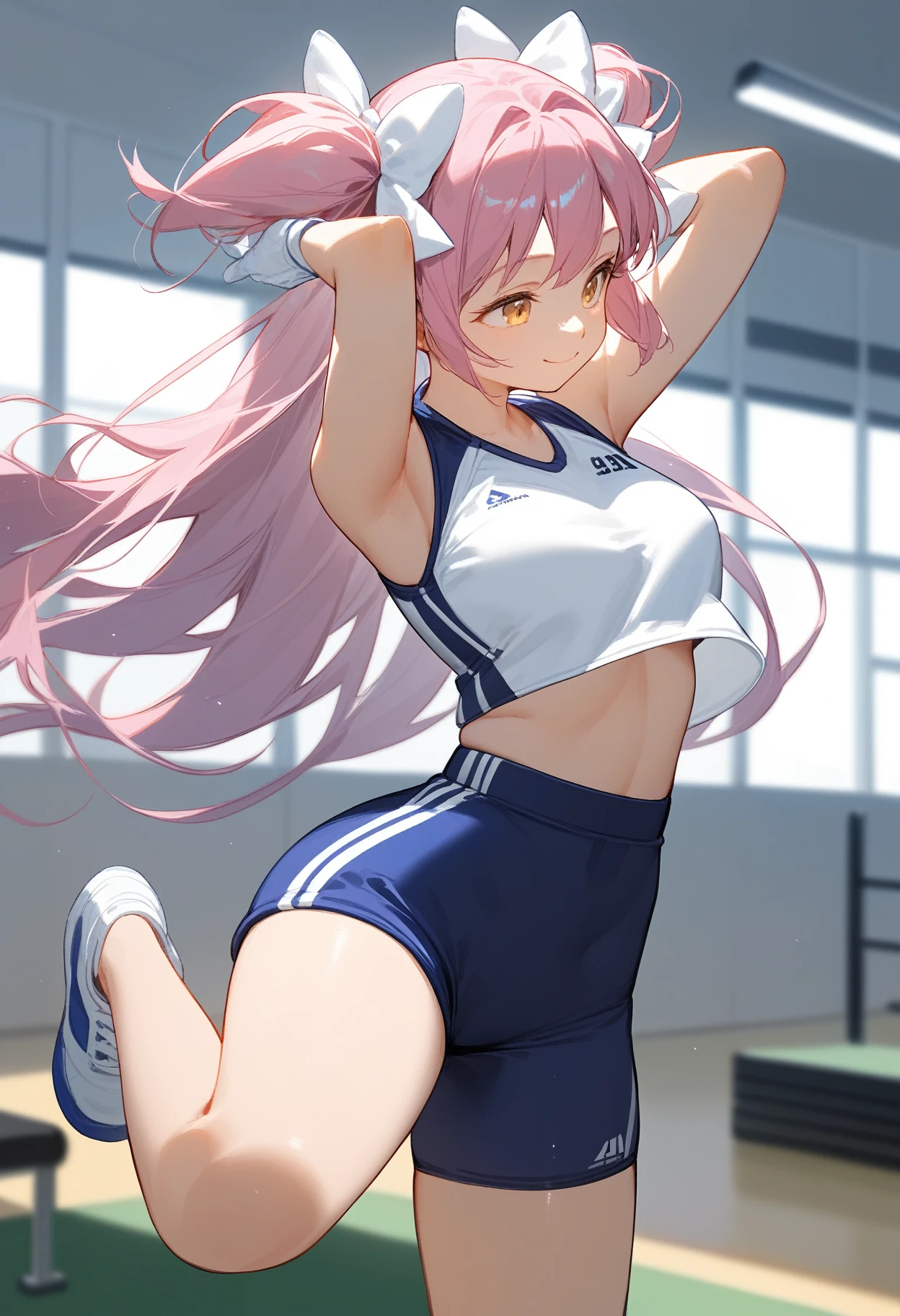 masterpiece、highest quality、Very detailed、Photograph the upper body、1 female、(Put your arms behind your back:1.4)、Are standing、Turn your body forward、View your viewers、(Table Tennis Uniforms)、break,blush、shy、Pink Hair、Open your mouth、gym、Big Breasts、