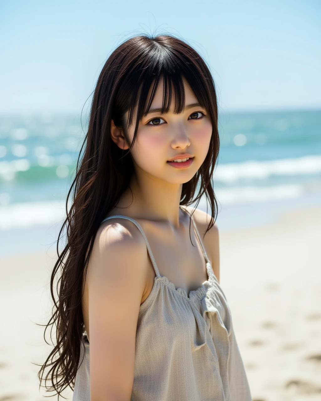 Photo of a solo japanese girl and long hair a photography in beach