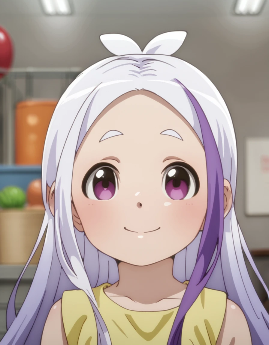 <lora:DevilPartTimer:1>, score_9, score_8_up, score_7_up, score_6_up, score_5_up, score_4_up, source_anime,  , smile, portrait AlasRamus, long hair, purple eyes, purple hair, white hair, multicolored hair,