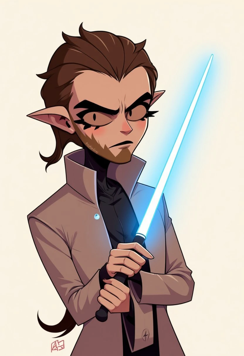 (hhstyle:1.2), cartoon, a jedi with a brown beard and sleeveless robe, holding a single blue lightsaber, drawn in hhstyle.