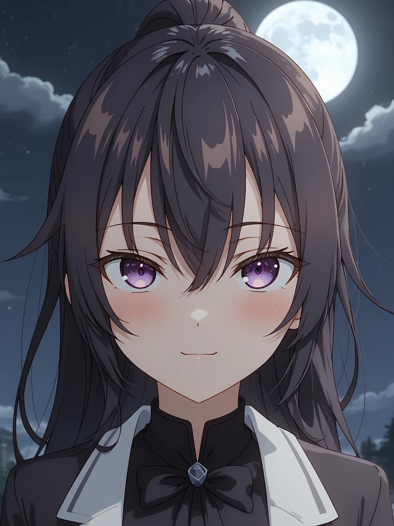 Portrait of YukiSuou, a mystical character with striking purple eyes and long black hair styled in a ponytail. The background is a moonlit night sky, adding a mysterious ambiance. Features include sharp focus on her intense gaze, detailed hair texture, ethereal lighting highlighting her facial features, digital art, high resolution.