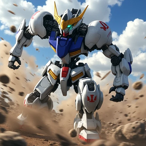 The image depicts Gundam Barbatos, a prominent mecha from the anime Mobile Suit Gundam: Iron-Blooded Orphans, in a dynamic and intense battle scene. The Gundam is shown in an aggressive pose, mid-strike, wielding a massive sword. The perspective and action emphasize the power and ferocity of the Gundam as it charges forward, ready to engage its enemies.  Gundam Barbatos is characterized by its distinctive white armor with red, blue, and gold accents. The head unit features the iconic V-fin crest, a common element in Gundam designs, and the eyes glow with a fierce, determined light, highlighting the machine's readiness for combat. The sword it wields is large and heavily armored, suggesting it is designed for devastating close-combat attacks.  The environment around Barbatos is a chaotic battlefield, with dust and debris kicked up around its feet, suggesting that it has either just landed a powerful blow or is charging at full speed. In the background, other mobile suits can be seen, possibly enemies or allies, amidst explosions and destruction, further enhancing the sense of an ongoing, fierce battle.  The overall composition of the image is intense and action-packed, with a strong sense of motion. The use of lighting and shading, combined with the dynamic pose of Gundam Barbatos, conveys the energy and intensity of the battle. The image captures the essence of Gundam Barbatos as a powerful and relentless force on the battlefield, showcasing its capability to dominate in combat situations.