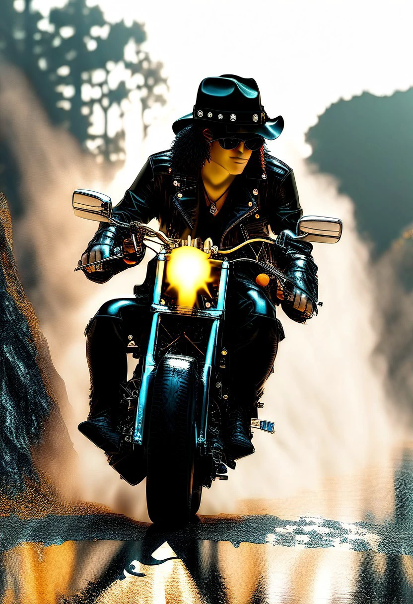 "Ultra realistic with high quality and ultra detail with excellent focus of a fictional rock metal man represented as a rocker, rocker leather jacket and rocker leather hat, on a Harry Davidson motorcycle, dynamics and movement in the image, forest road, cigarette behind the bike, movement and dynamics of the image, illumination golden hour, sunset, pouring sun splashing sun rays