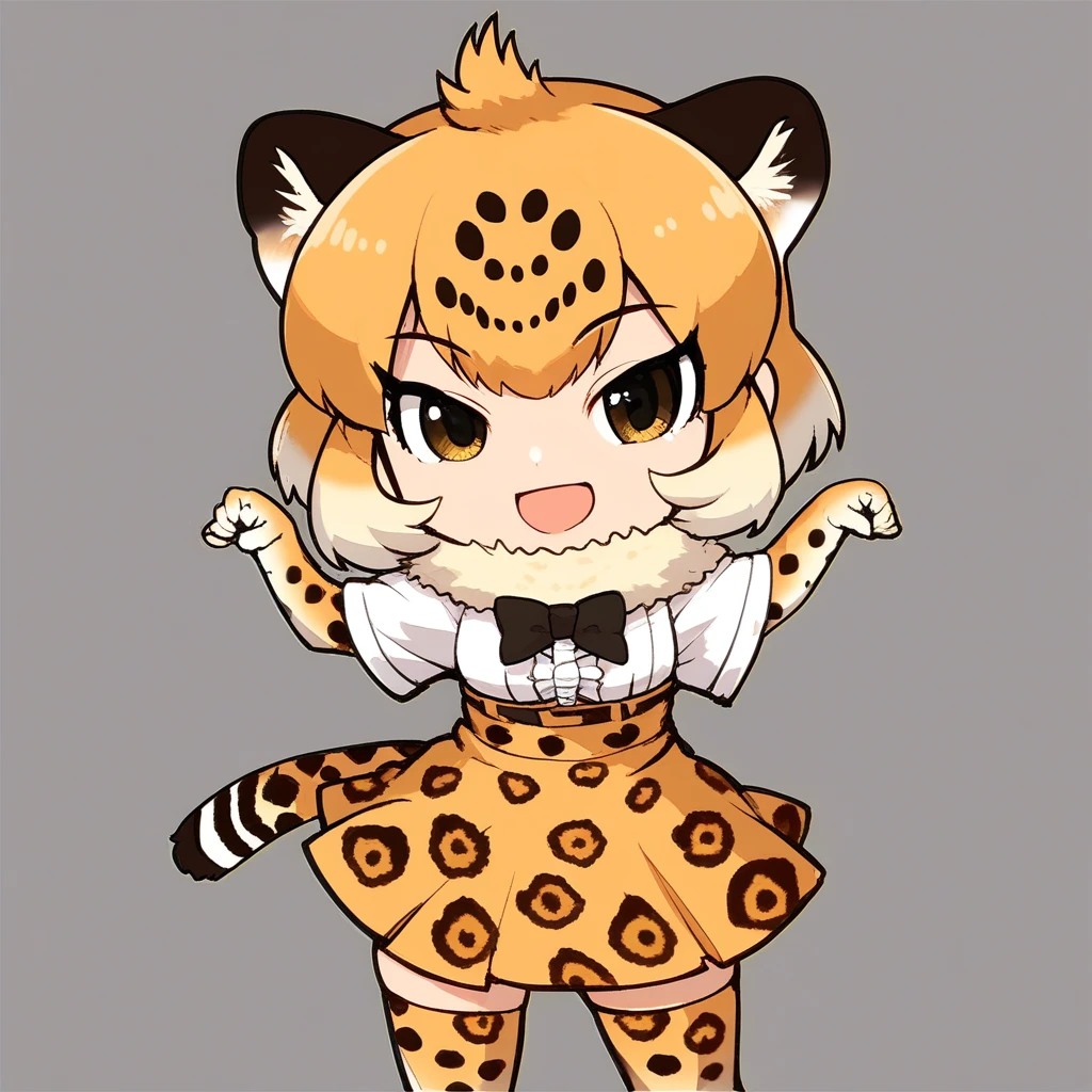 1girl, ((solo)) best quality, ultra-detailed, extremely detailed, perfect anatomy, masterpiece, score_9, score_8_up, score_7_up, jaguar (kemono friends), animal ears, jaguar ears, blonde hair, short hair, bangs, jaguar print, multicolored hair, tail, jaguar tail, white shirt, frills, skirt, high-waist skirt, print skirt, fur collar, center frills, gloves, elbow gloves, print gloves, short sleeves, black bowtie, thighhighs, animal print, print legwear, shoes, chibi, open mouth smile, happy, standing, looking at viewer, cute pose,