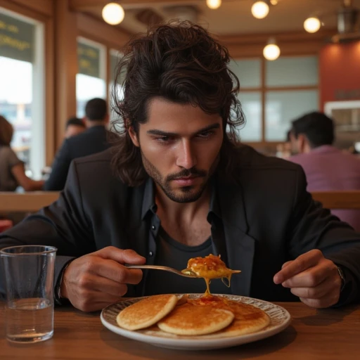 vpzdxizz, a dark haired man sitting in a restaurant eating pancakes