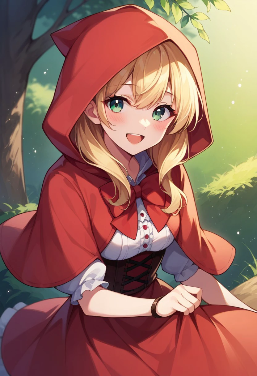 score_9, score_8_up, score_7_up, source_anime, little red riding hood (grimm), 1girl, solo, looking at viewer, smile, skirt, dress, blush, open mouth, bow, hood up